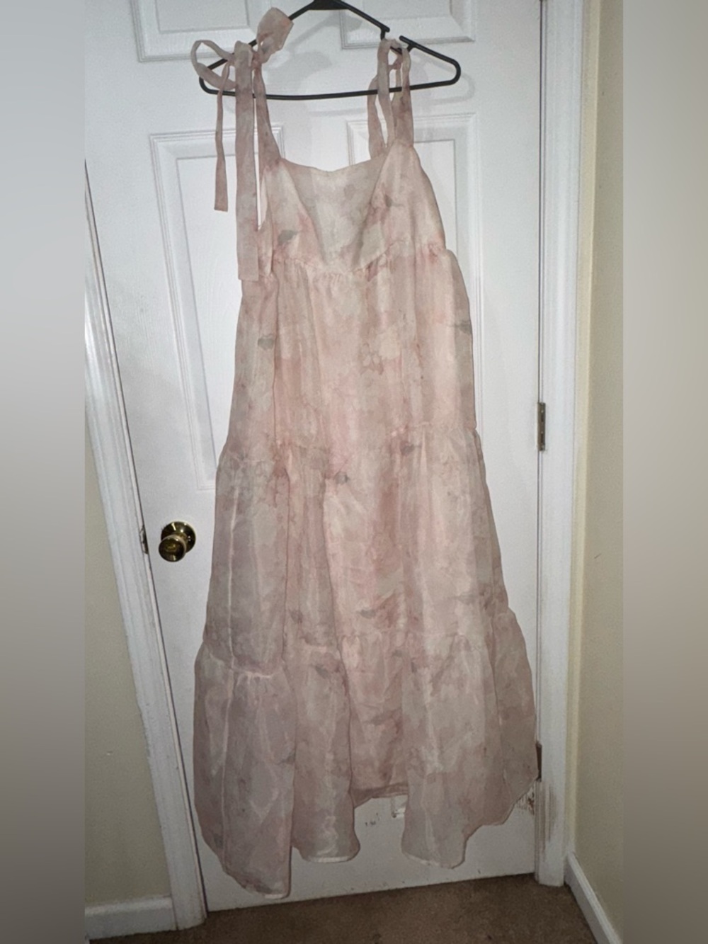 Sheer Pink Floral Tiered Tie-Shoulder Maxi Dress by Storia